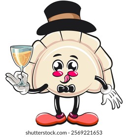 Cute gyoza dumpling vektor illustration mascot character wearing a hat and bow tie raising a wine glass, Xiao Long Bao, Asian, Chinese food, work of hand drawn