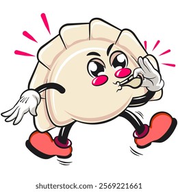 Cute gyoza dumpling vektor illustration mascot character is blowing the whistle, Xiao Long Bao, Asian, Chinese food, work of hand drawn