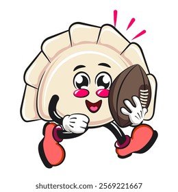 Cute gyoza dumpling vektor illustration mascot character playing rugby and american football, Xiao Long Bao, Asian, Chinese food, work of hand drawn