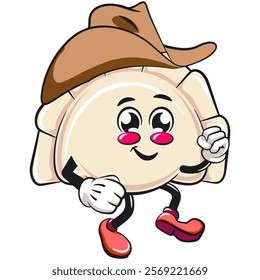 Cute gyoza dumpling vektor illustration mascot character wearing a cowboy hat walking calmly, Xiao Long Bao, Asian, Chinese food, work of hand drawn