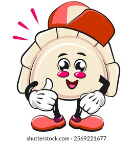 Cute gyoza dumpling vektor illustration mascot character wearing a baseball cap while giving a thumbs up, Xiao Long Bao, Asian, Chinese food, work of hand drawn