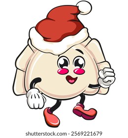 Cute gyoza dumpling vektor illustration mascot character walking while wearing a santa hat, Xiao Long Bao, Asian, Chinese food, work of hand drawn