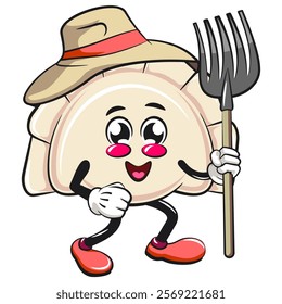 Cute gyoza dumpling vektor illustration mascot character as farmer in hat with his fork, Xiao Long Bao, Asian, Chinese food, work of hand drawn