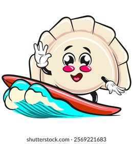 Cute gyoza dumpling vektor illustration mascot character surfing happily, Xiao Long Bao, Asian, Chinese food, work of hand drawn