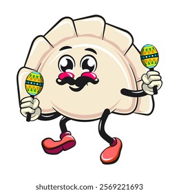 Cute gyoza dumpling vektor illustration mascot character with moustache playing maracas, Xiao Long Bao, Asian, Chinese food, work of hand drawn