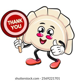 Cute gyoza dumpling vektor illustration mascot character carrying a sign saying thank you, Xiao Long Bao, Asian, Chinese food, work of hand drawn