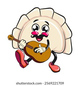 Cute gyoza dumpling vektor illustration mascot character moustache playing guitar, Xiao Long Bao, Asian, Chinese food, work of hand drawn