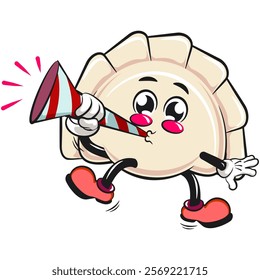 Cute gyoza dumpling vektor illustration mascot character blowing party trumpet, Xiao Long Bao, Asian, Chinese food, work of hand drawn