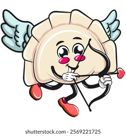 Cute gyoza dumpling vektor illustration mascot character being cupid with angel wings and the arrow of love, Xiao Long Bao, Asian, Chinese food, work of hand drawn