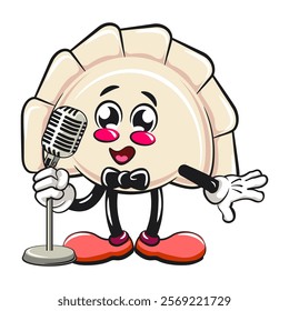 Cute gyoza dumpling vektor illustration mascot character on front of the mic become a stand up comedian, Xiao Long Bao, Asian, Chinese food, work of hand drawn