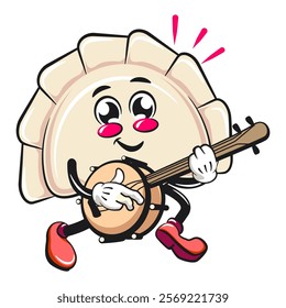 Cute gyoza dumpling vektor illustration mascot character playing the banjo musical instrument, Xiao Long Bao, Asian, Chinese food, work of hand drawn