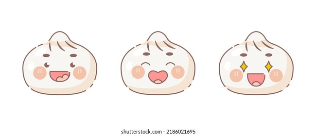 Cute gyoza face emoji set. Vector happy dumplings faces.	