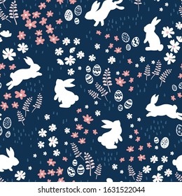 Cute ha nd drawn bunnies in a flower meadow, sweet easter pattern, with rabbits, flowers, easter eggs - great for textiles, easter cards, banners, wallpapers - vector design