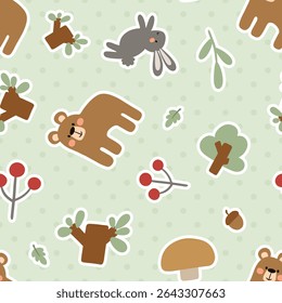 Cute habd drawn teddy bears forest animals with bunny on a polka dot texture mint green background, berries, mushrooms, trees, leaves seamless woodland pattern.