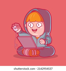 Cute hacker character vector illustration. Technology, protection, digital design concept.