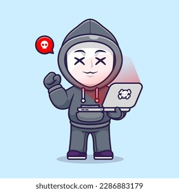 Cute Hacker Operating Laptop Cartoon Vector Icon Illustration . People Technology Icon Concept Isolated Premium Vector. Flat Cartoon Style