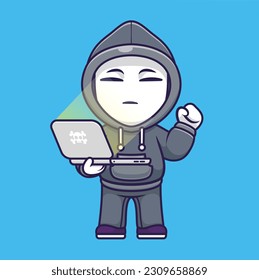Cute Hacker Operating Laptop Cartoon Vector Icon Illustration. People Technology Icon Concept Isolated Premium Vector. Flat Cartoon Style