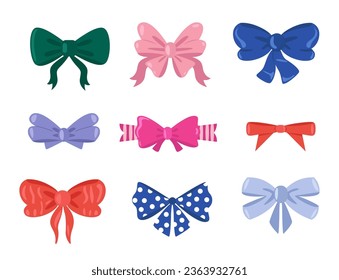 Cute hair bowknot and gift package tied elements, cartoon colorful woman hairstyle different shapes and textures. Illustration of bowknot elements, bow tied