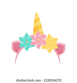 Cute hair hoop with pink ears, unicorn's horn and colorful flowers. Bright head accessory. Flat vector icon