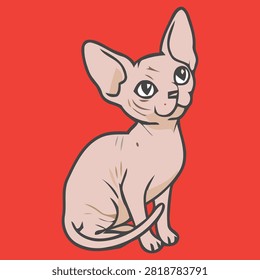 Cute hairless Sphynx cat vector illustration on red background