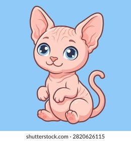 Cute hairless Sphynx kitten vector illustration in cartoon style, sitting with big blue eyes, isolated on white background.