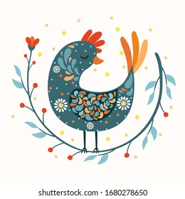 cute hairstyle in folk style. ethnic risucco, folk painting. cock. Cute animal, natural and floral deco