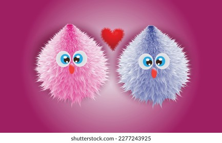 Cute hairy  animated characters with a heart 