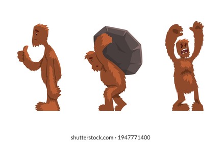 Cute Hairy Bigfoot in Various Actions Set, Friendly Mythical Creature Cartoon Character Vector Illustration