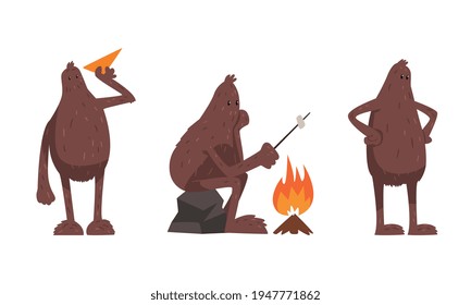 Cute Hairy Brown Bigfoot in Various Actions Set, Mythical Creature Cartoon Character Vector Illustration