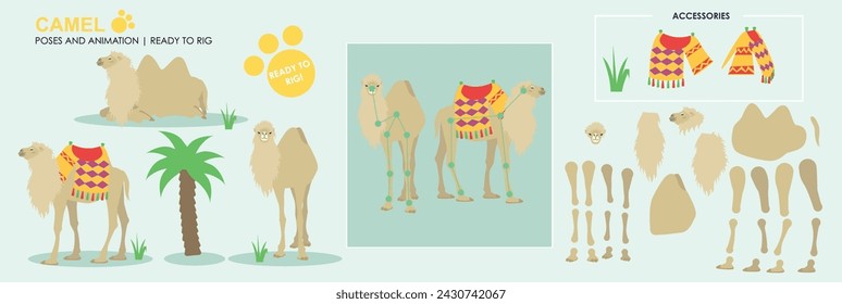 Cute hairy Camel vector collection ready to animate and rig. Multiple poses and angles, farm animals, walking, grazing. Desert animals, two humps camel saddle, rug and palm trees.