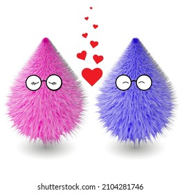 Cute hairy cartoons emoji design template. Furry fluffy hairy pink and blue monsters with hearts. Funny and realistic hairy cartoon design. Vector Illustration.