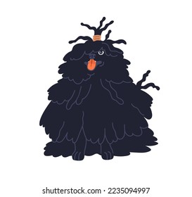 Cute hairy dog of Puli breed. Hungarian Komondor puppy with dreadlocks corded hair. Happy canine animal, small funny pup with long coat. Flat graphic vector illustration isolated on white background.