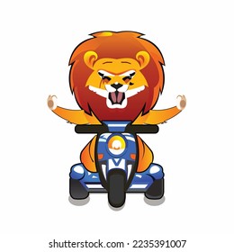 Cute Hairy Lion King viaja alegremente en bicicleta escopeta y manos flotantes en el aire , diseño de logo de mascota de leones