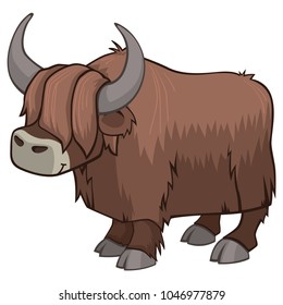 Cute Hairy Yak Vector Illustration Isolated on White with Big Horns 