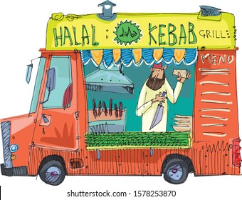 Cute halal food truck. Street food trailer with vendor inside. Eastern food chef makes kebab and grill. Cartoon. Caricature.