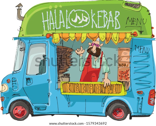 Cute halal food truck. Street food trailer\
with vendor inside. Eastern food chef makes kebab and grill.\
Cartoon. Caricature.