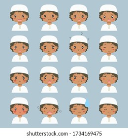 Cute half body Muslim African American boy with different emotions. Muslim kids face expressions vector set.