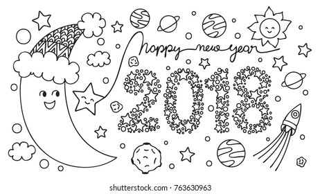 Cute half moon celebrate New year 2018 with stars,planets and Sun, for cards,invitations and coloring book page. Vector illustration