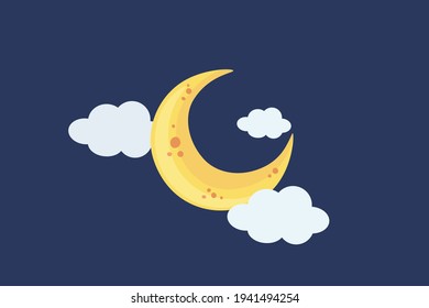 Cute Half Moon with clouds isolated on dark blue background. Calm serene illustrations for wallpaper, card, children room decoration. Cartoon greeting card. Night sky, bright moon. Sleep well concept.