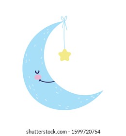 Cute half moon with hanging star, . Cartoon vector illustration for baby shower.