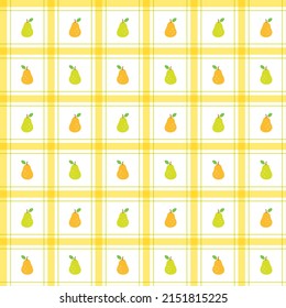 Cute Half Pear Fruit Vegetable Element Yellow Green Stripe Striped Line Tilt Checkered Plaid Tartan Buffalo Scott Gingham Pattern Flat Cartoon Vector Seamless Pattern Print Background Food