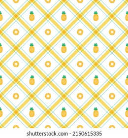 Cute Half Pineapple leaf Fruit Vegetable Element Yellow Green Diagonal Stripe Striped Line Tilt Checkered Plaid Tartan Buffalo Scott Gingham Pattern Cartoon Vector Seamless Pattern Print Background