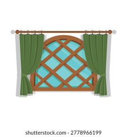 Cute half round fairy window with green curtains isolated on white background.