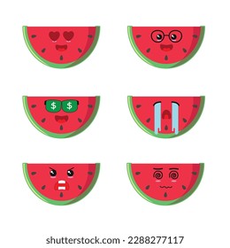 cute half slice watermelon various activity face expression vector illustration