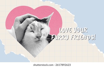cute halftone Pet Love Collage with Cat and Heart Graphic Message