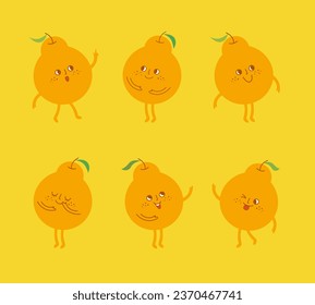 Cute Hallabong fruit character. Various poses and fun facial vector illustrations of playful orange mascots.