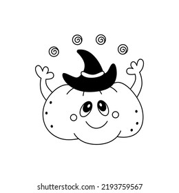 Cute hallooween happy pumpkin with witch hat on head.Childish festive cute halloween design element.Outline.Isolated on white background.