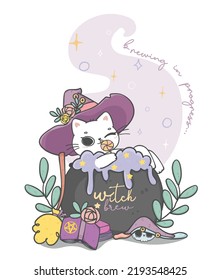 Cute Hallooween White Kitten Cat Witch Having Bath In Poison Pot Cauldron, Brewing Witch, Cartoon Doodle Animal Hand Drawing 