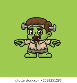 Cute hallowed frakenstein Vector Icon Illustration Animal Nature Flat Cartoon Style