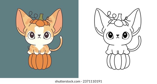 Cute Halloween Abyssinian Cat Clipart Illustration and Black and White. Kawaii Clip Art Halloween Pet. Cute Vector Illustration of a Kawaii Halloween Animal in a Pirate Costume. 